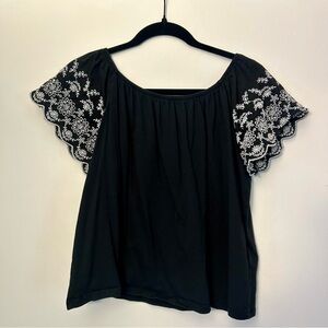 EUC Black Relaxed Blouse with Embroidered Sleeve Detail